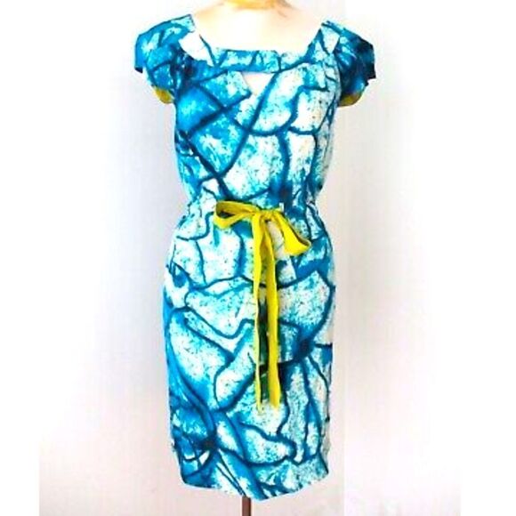 Yoana Baraschi Blue Dress With Chartreuse Accent Belt 100% Silk  Anthropologie - Picture 16 of 16